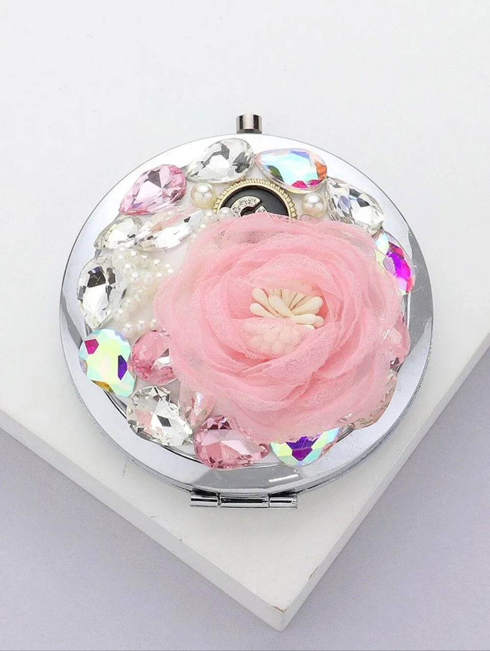 Pink Compact Mirror Floral Crystal Jeweled Circle Gem Bling Makeup Lipstick Case